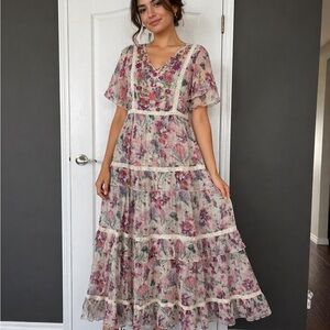 Sundance Floral Midi Dress in Blush and Green